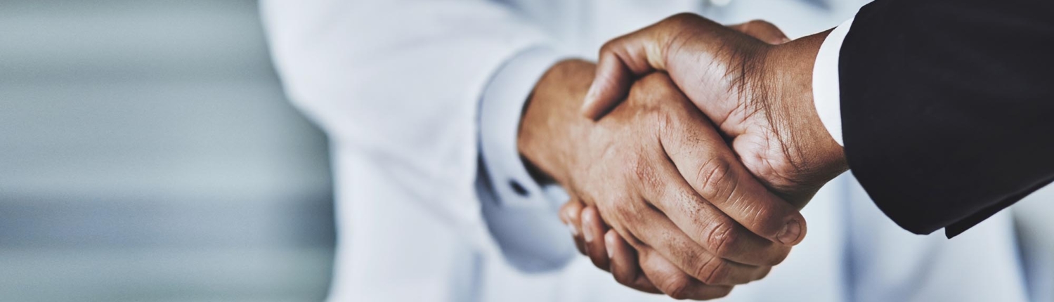 Side view of a physician and candidate shaking hands
